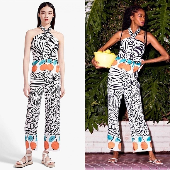 STAUD Satin Abstract Stripe Citrus Print High Rise Ankle Crop Oscar Trousers 2 - Picture 1 of 9
